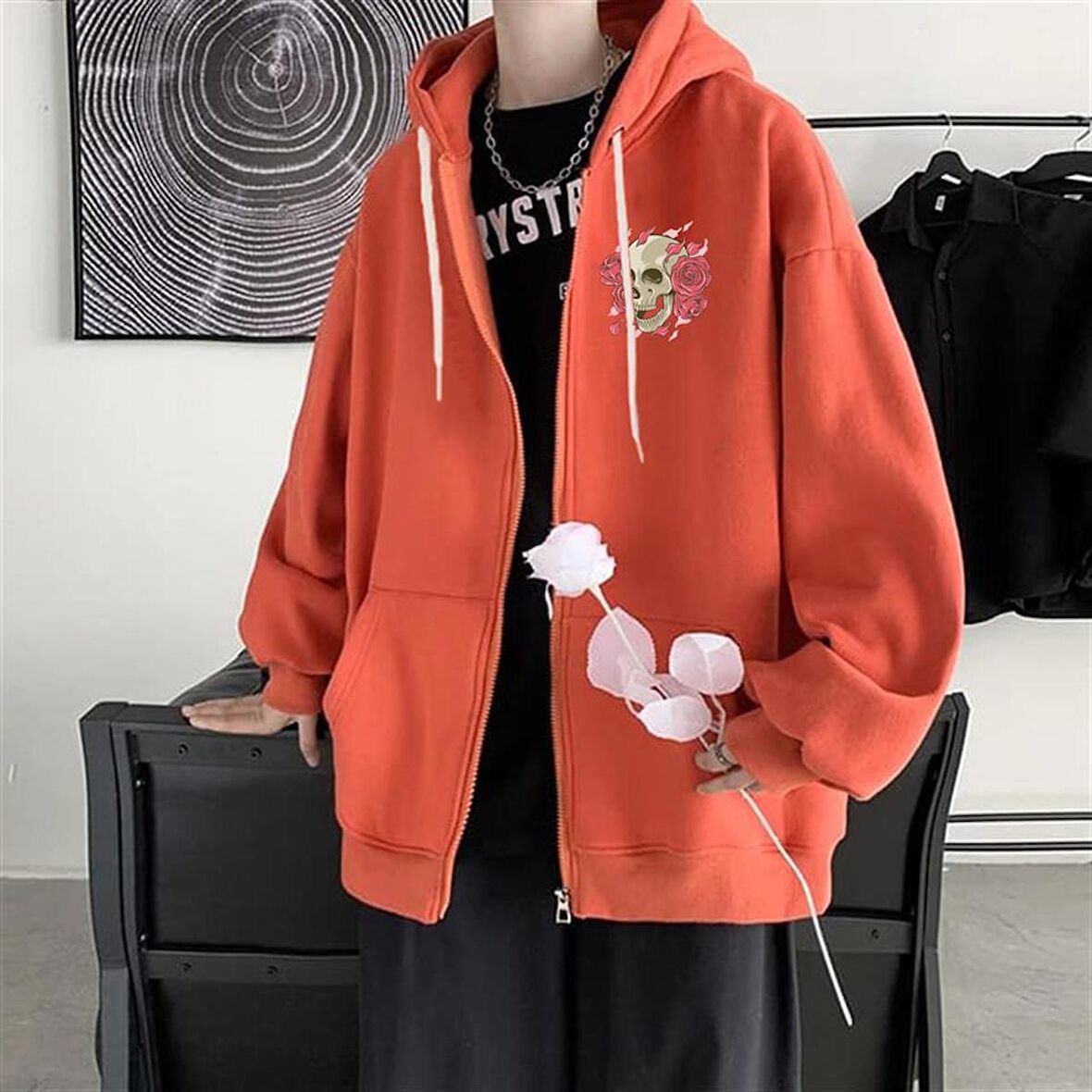 Skull & Roses Baskılı Oversize Fermuarlı Turuncu Unisex Kapüşonlu Hırka