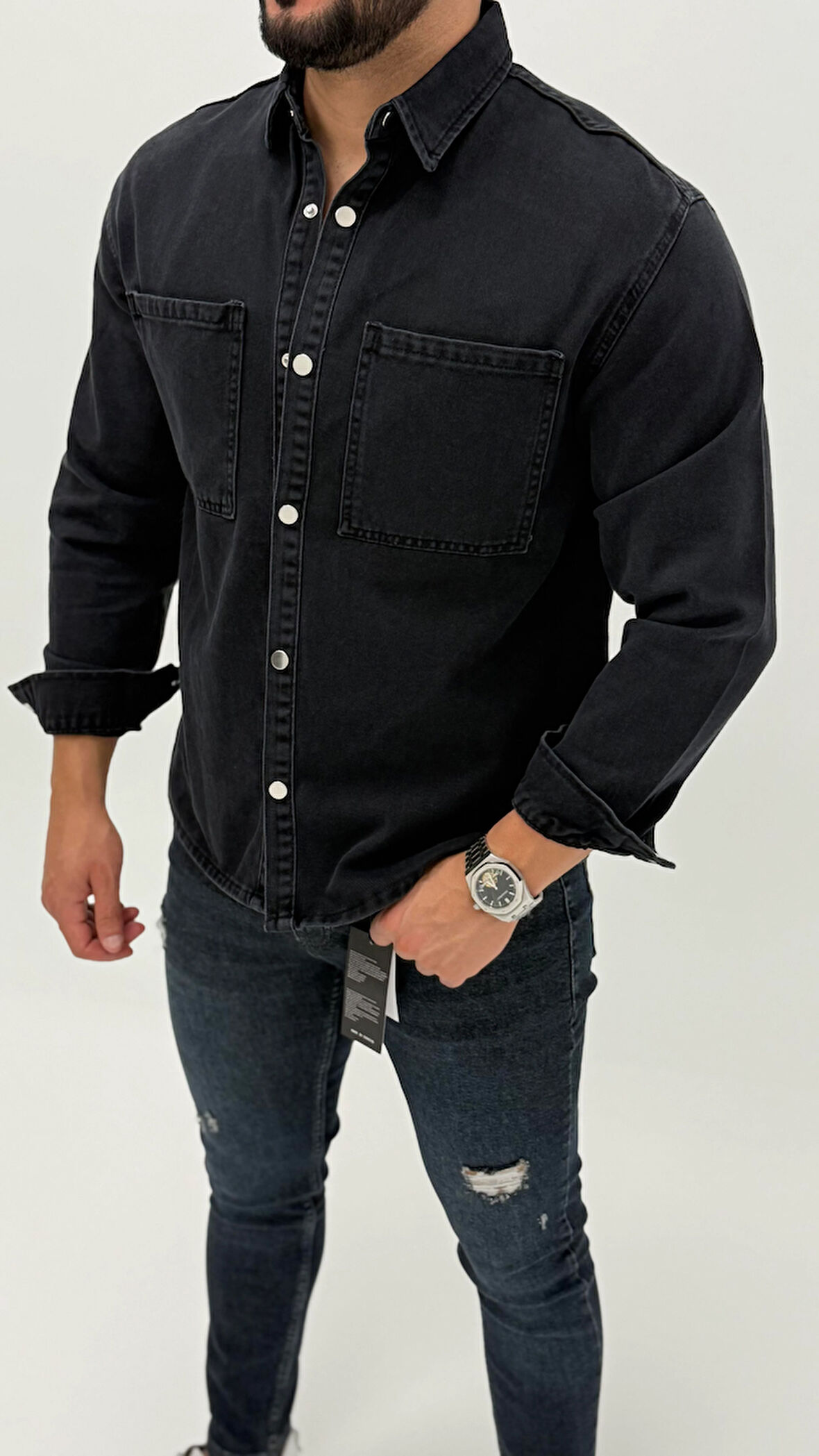 Aidan Denim Mavi Black Vintage Classic Kot Erkek Jean Gömlek