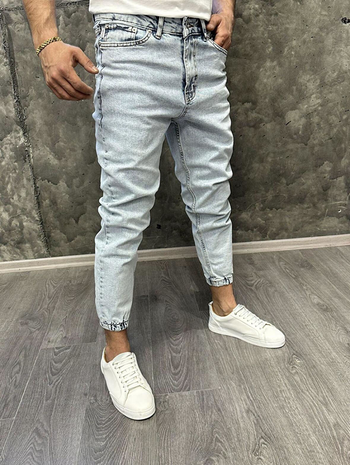 Calvin Kot Paça Lastik Straight Boyfriend Denim Erkek Mavi Jean Pantolon