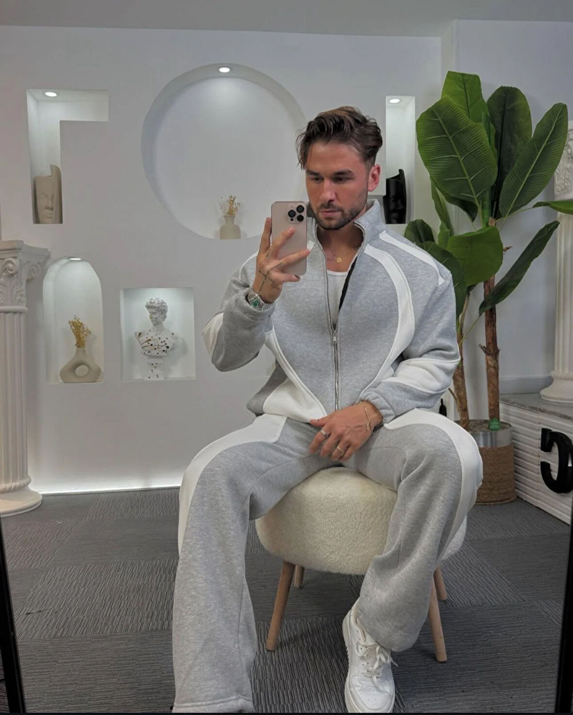 Leonard Gri Beyaz Relax Fit Pamuklu Baggy Kalıp Basic Takım Eşofman 