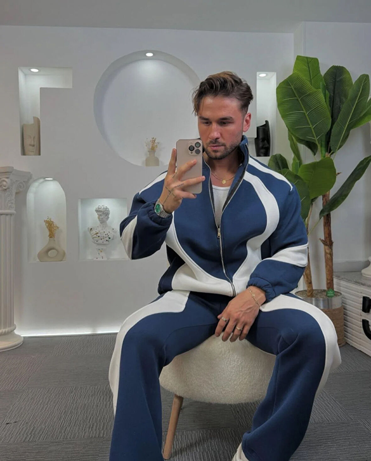 Leonard Lacivert Beyaz Relax Fit Pamuklu Baggy Kalıp Basic Takım Eşofman 