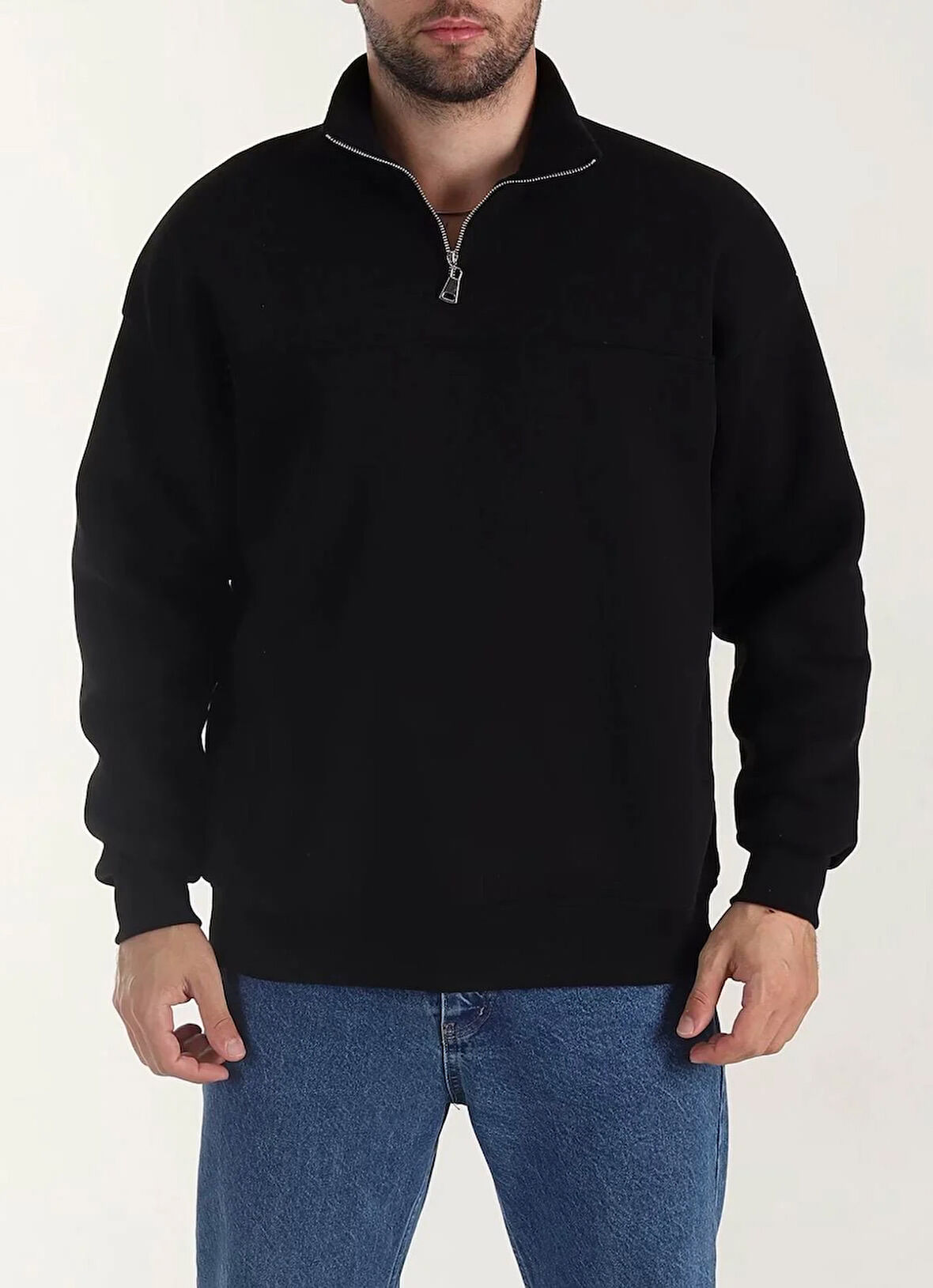 Lowell Siyah Yarım Fermuar İçi Pamuklu Üç İplik Şardonlu Basic Erkek Sweatshirt