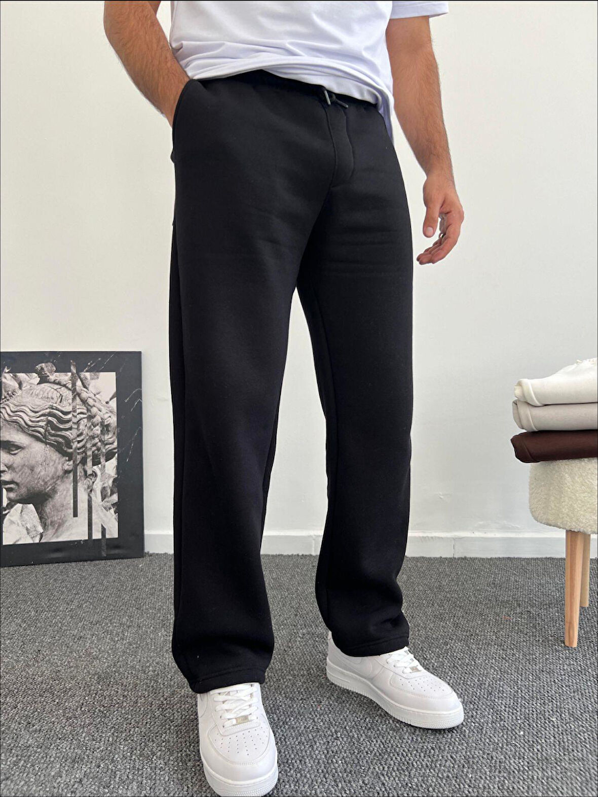 Felix Siyah 3 İplik Şardonlu Yumuşak Baggy Erkek Eşofman Altı