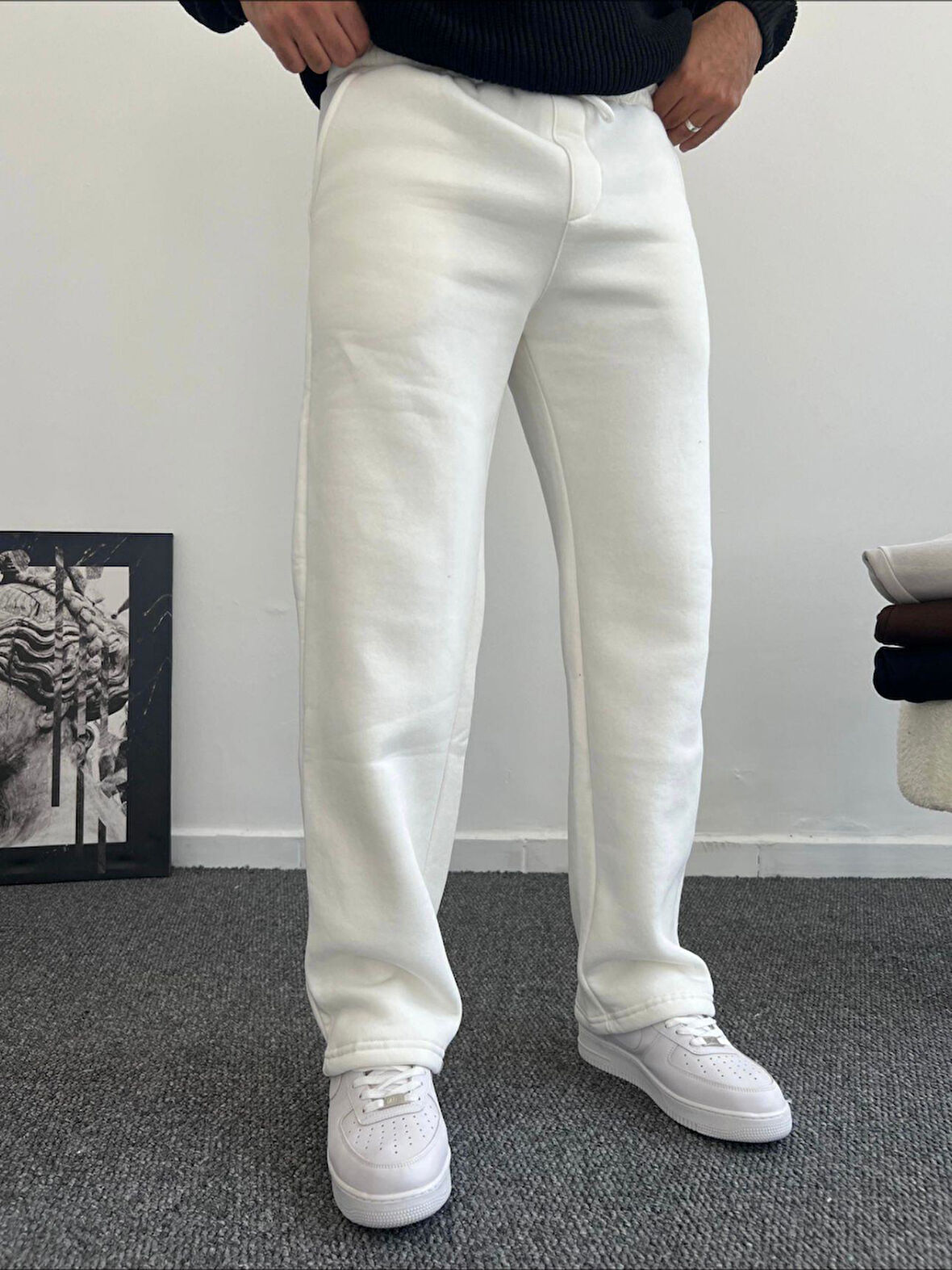 Felix Beyaz Beli Lastikli Baggy Kalıp 3 İplik Şardonlu Yumuşak Erkek Eşofman Altı