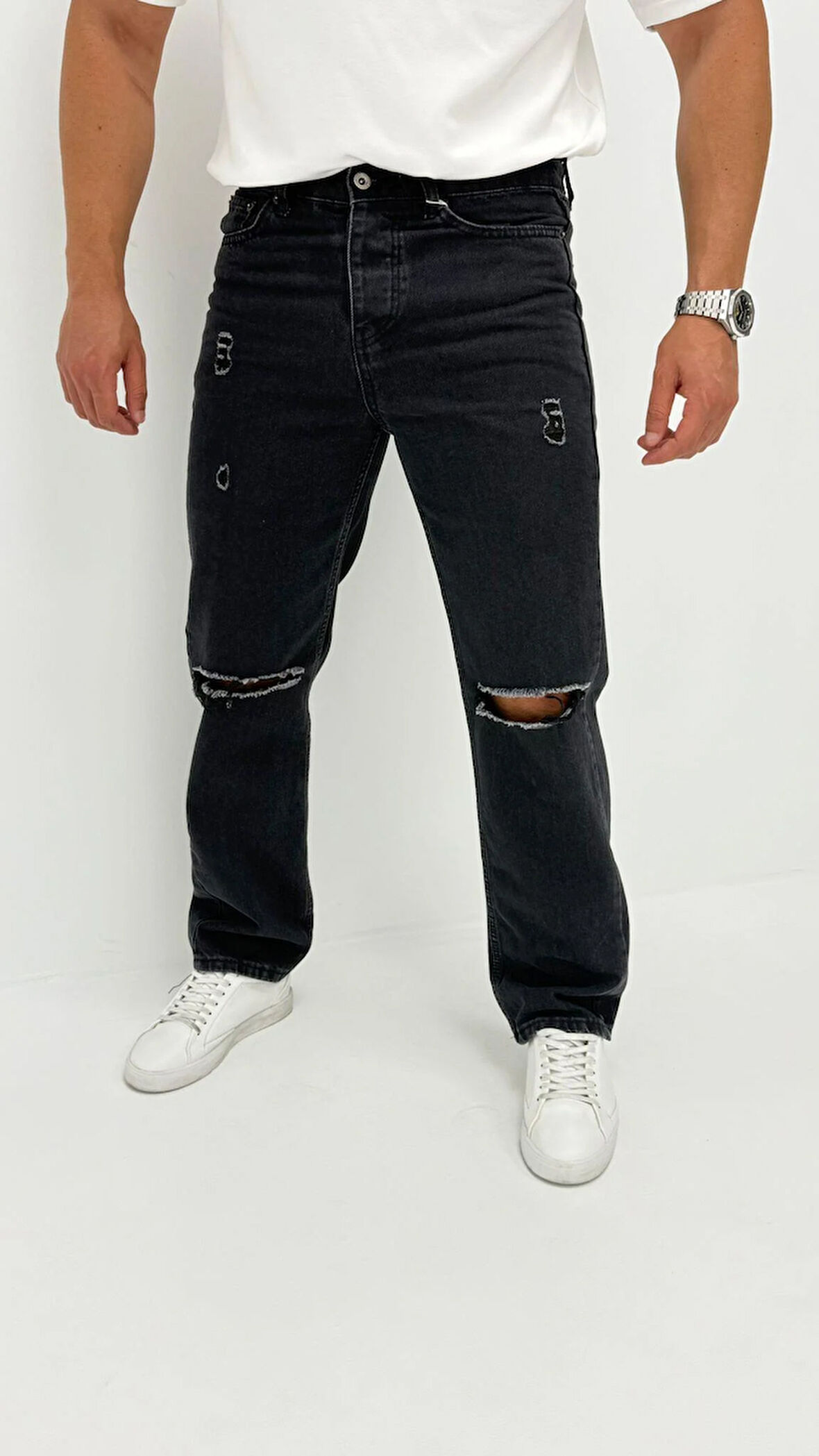 Atlanta Jean Street Yıkamalı Kot Kuzguni Siyah Diz Yırtık Baggy Denim Erkek Pantolon