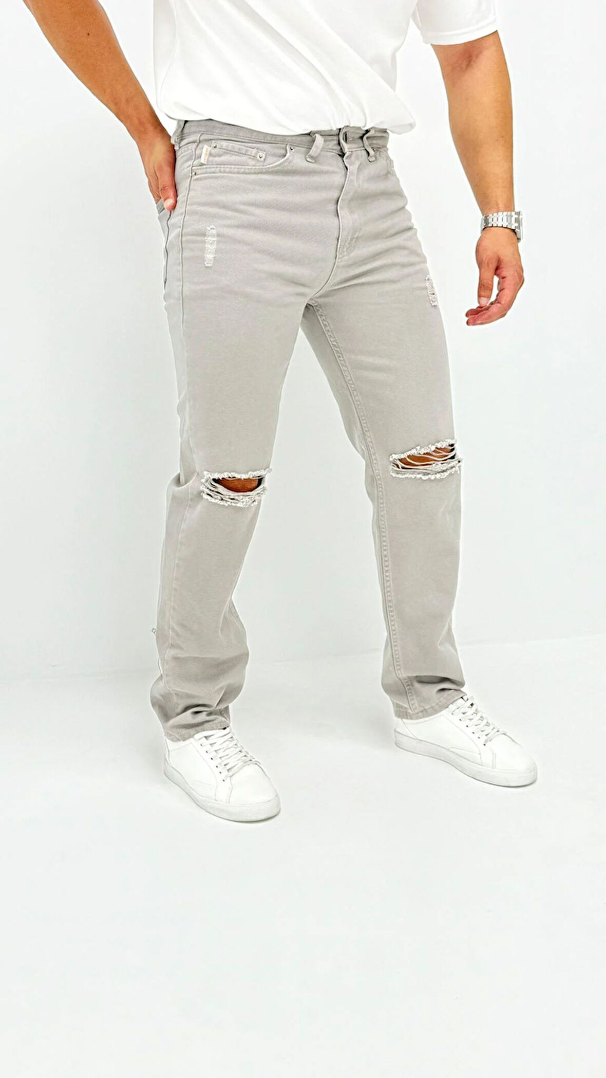 Adriel Baggy Denim Açık Gri Diz Yırtıklı Erkek Jean Pantolon