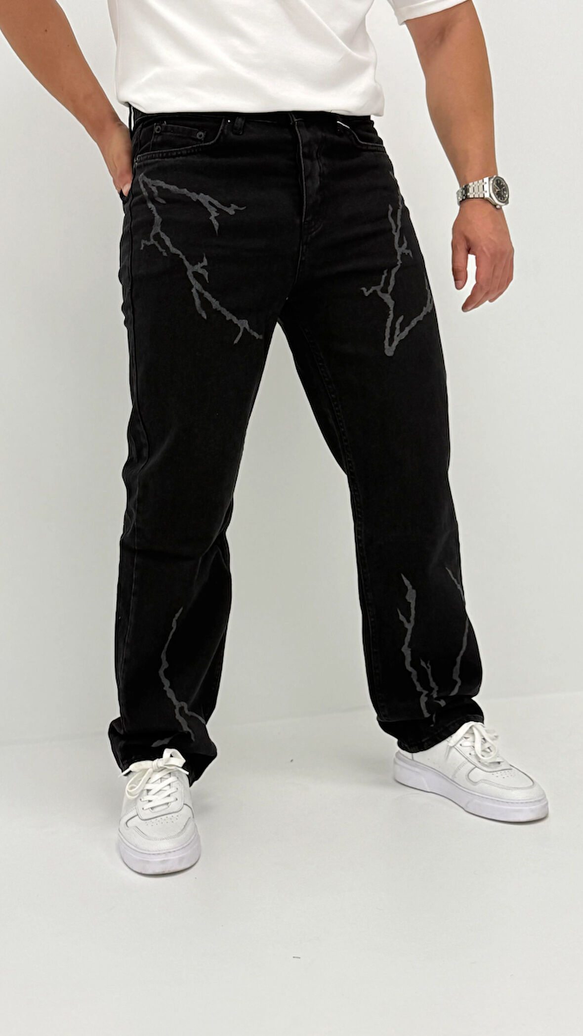 Arlo Baggy Denim Siyah Lazer Baskılı Erkek Jean Pantolon