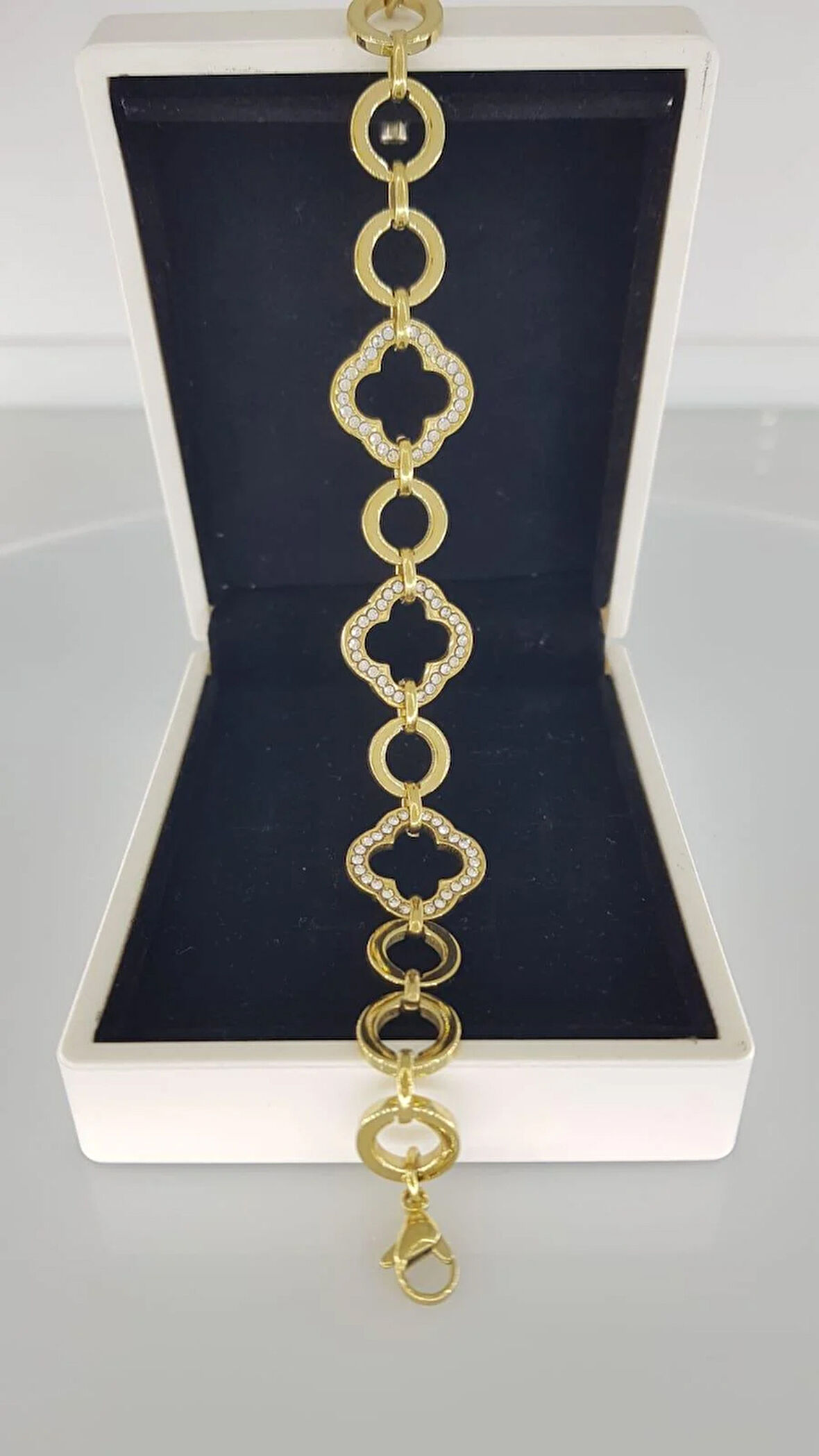 Yonca Taşlı Gold Çelik Bileklik