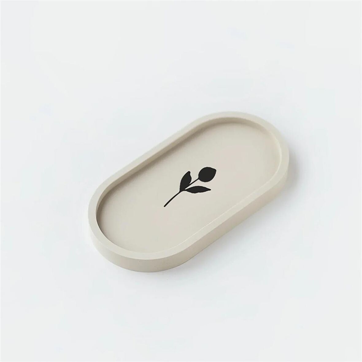 Minimal Çiçek Desenli Beton Oval Dekoratif Sunumluk 2'li Set