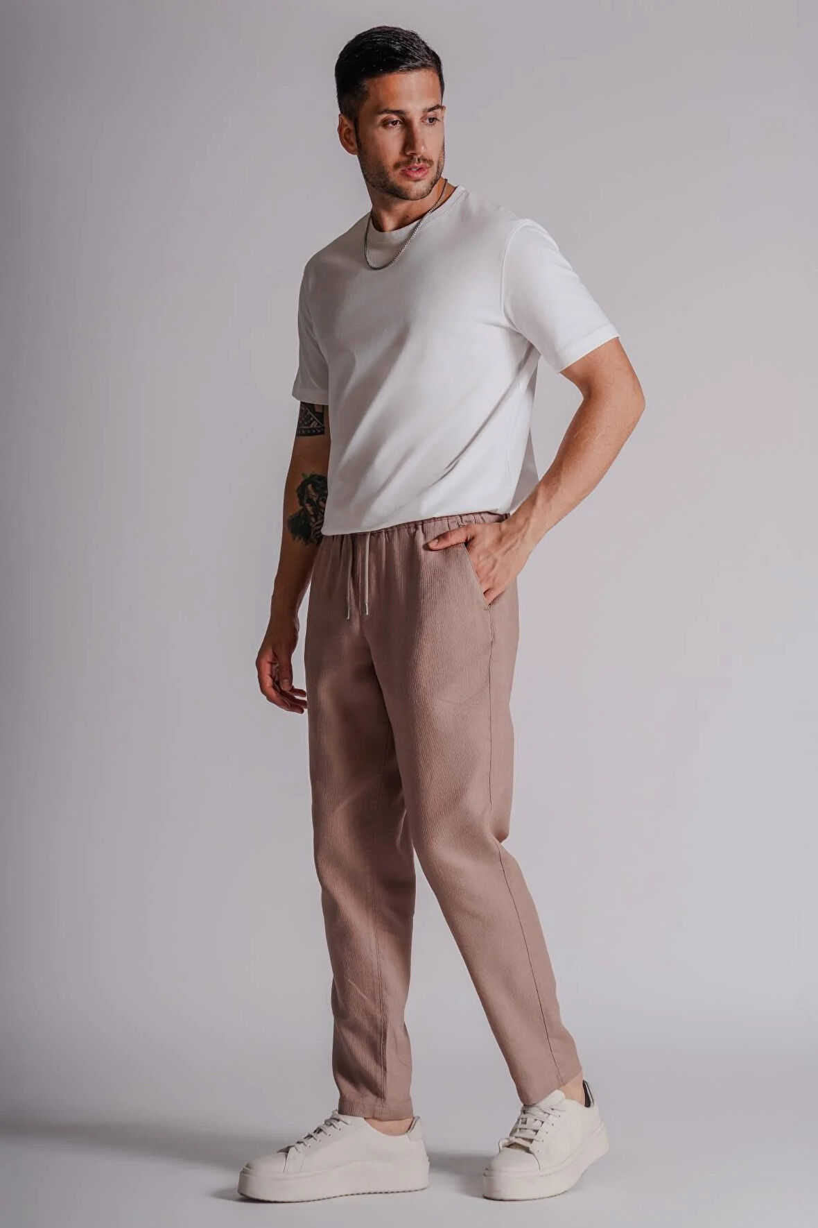 Erkek Yandan Cepli Beli Lastikli Keten Dokulu Relaxed Fit Jogger Pantolon Vizon