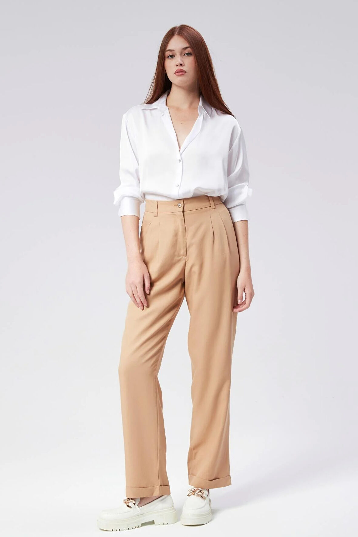 Kadın Beli Yarım Lastikli Çift Pilili Duble Paça Pantolon Taş