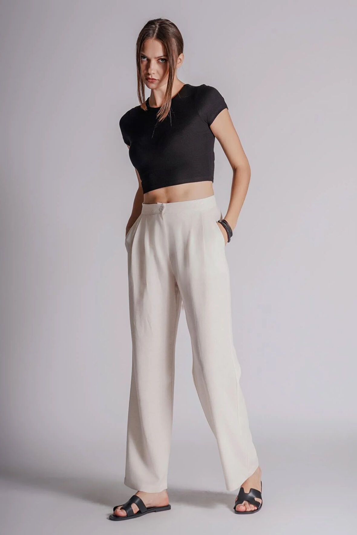 Kadın Çift Pilili Arka Cep Fleto Keten Karışımlı Chino Pantolon Naturel