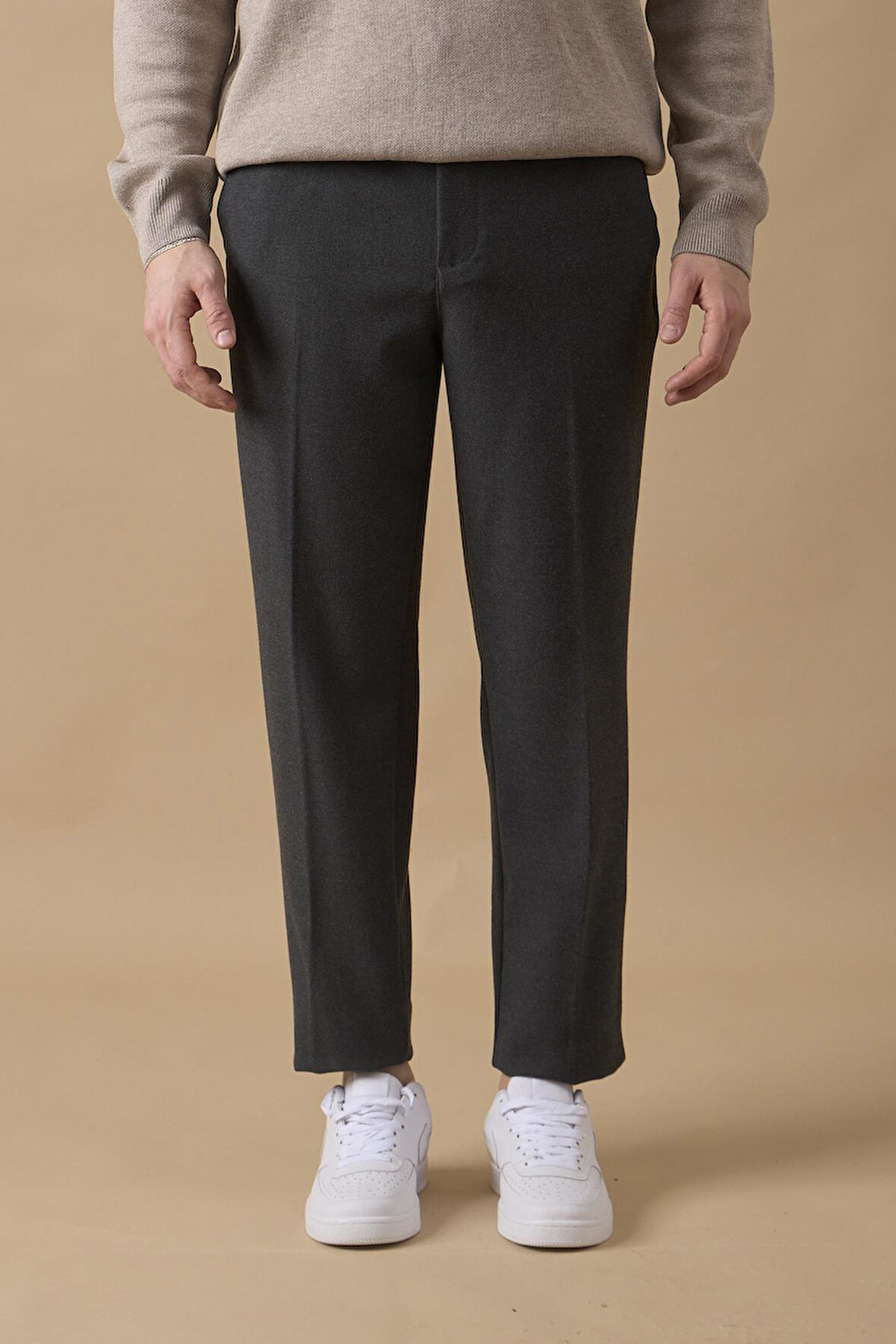 Erkek Beli Yarım Lastikli Fermuarlı Antrasit Chino Pantolon