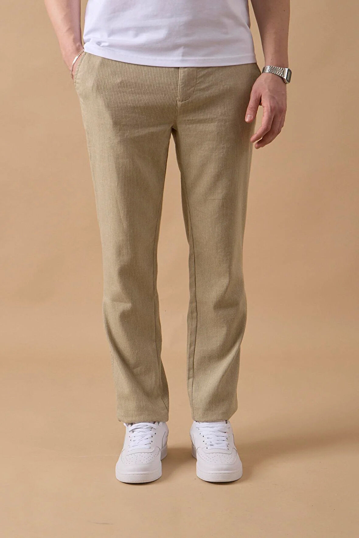 Erkek Haki Slim Fit Keten Karışımlı Çizgili Pantolon