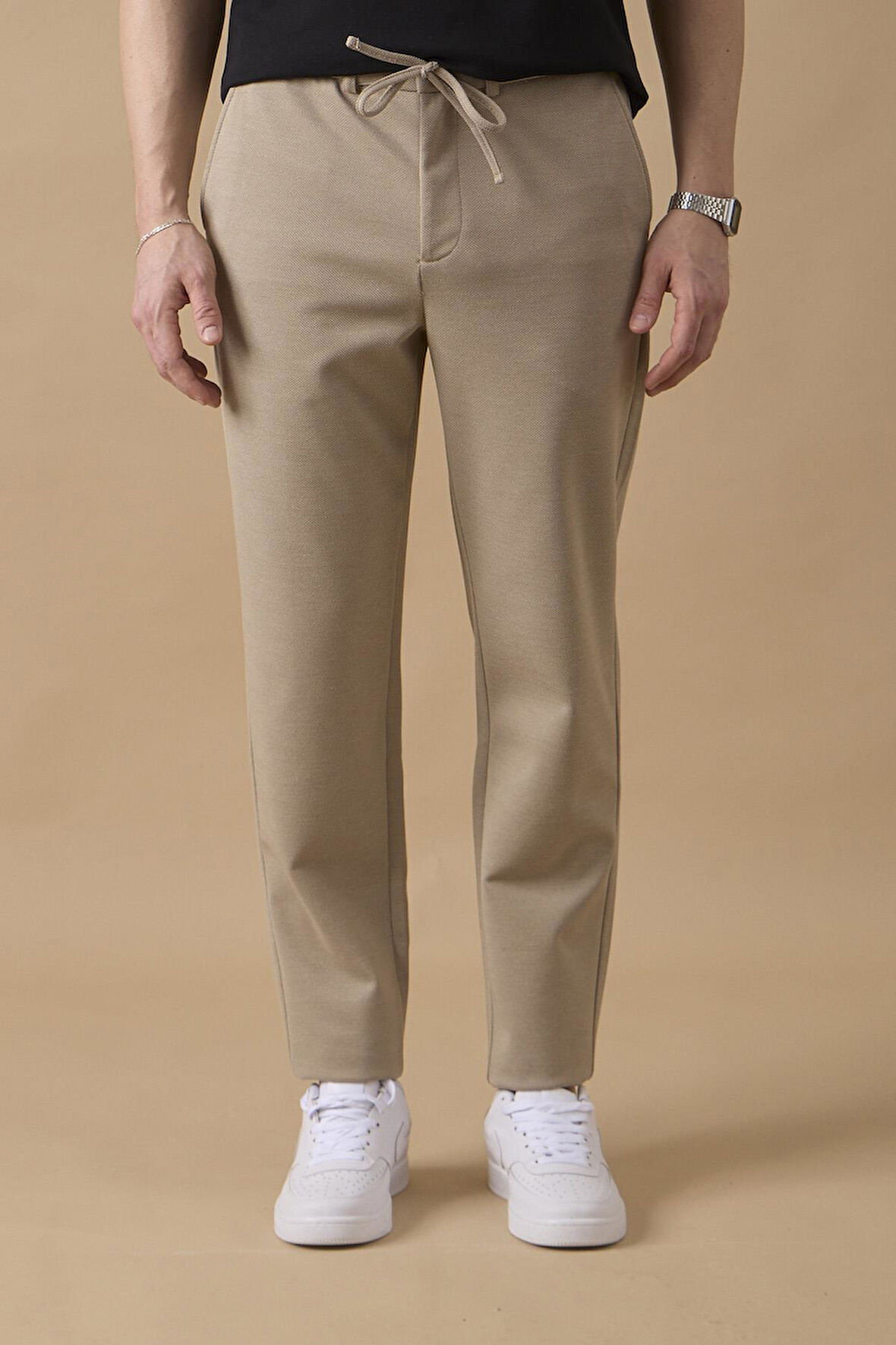 Erkek Regular Fit Orta Bel Düz Paça Bej Pantolon