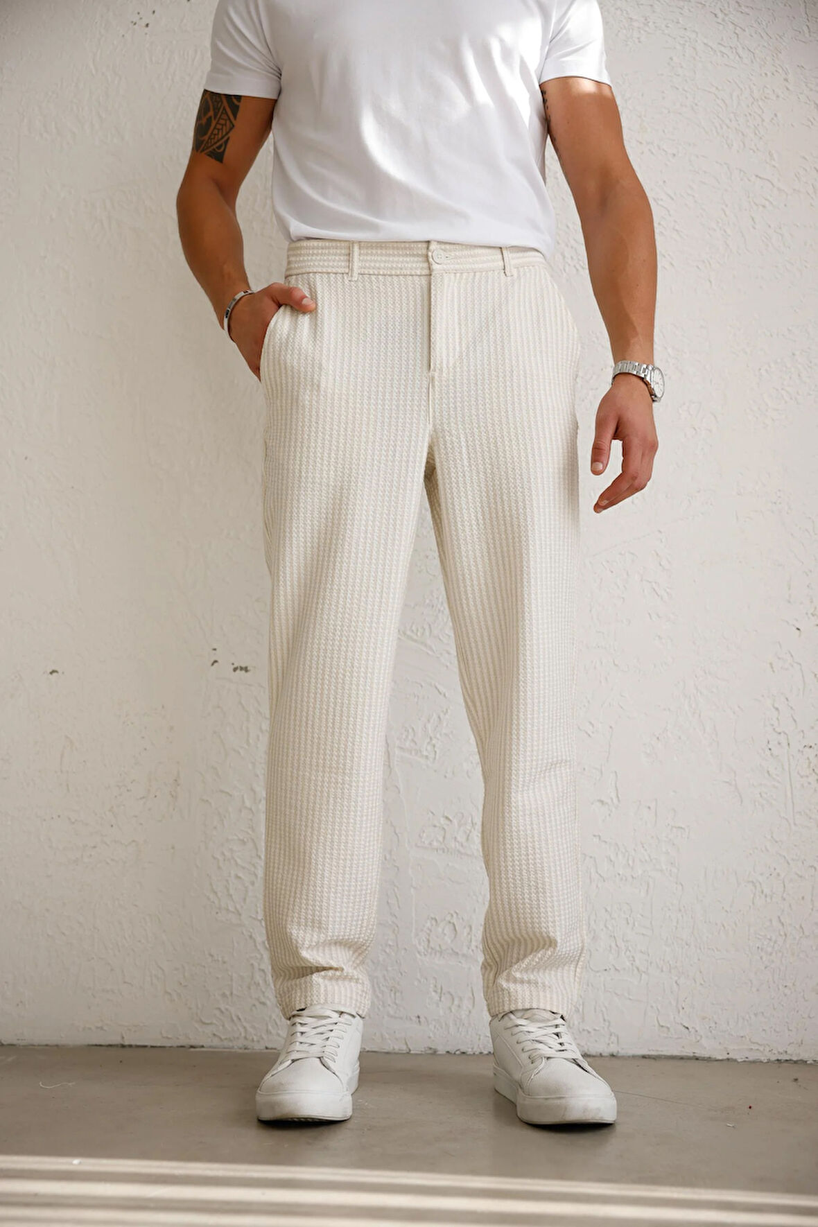 Erkek Esnek Dokulu Slim Fit Bej Pantolon