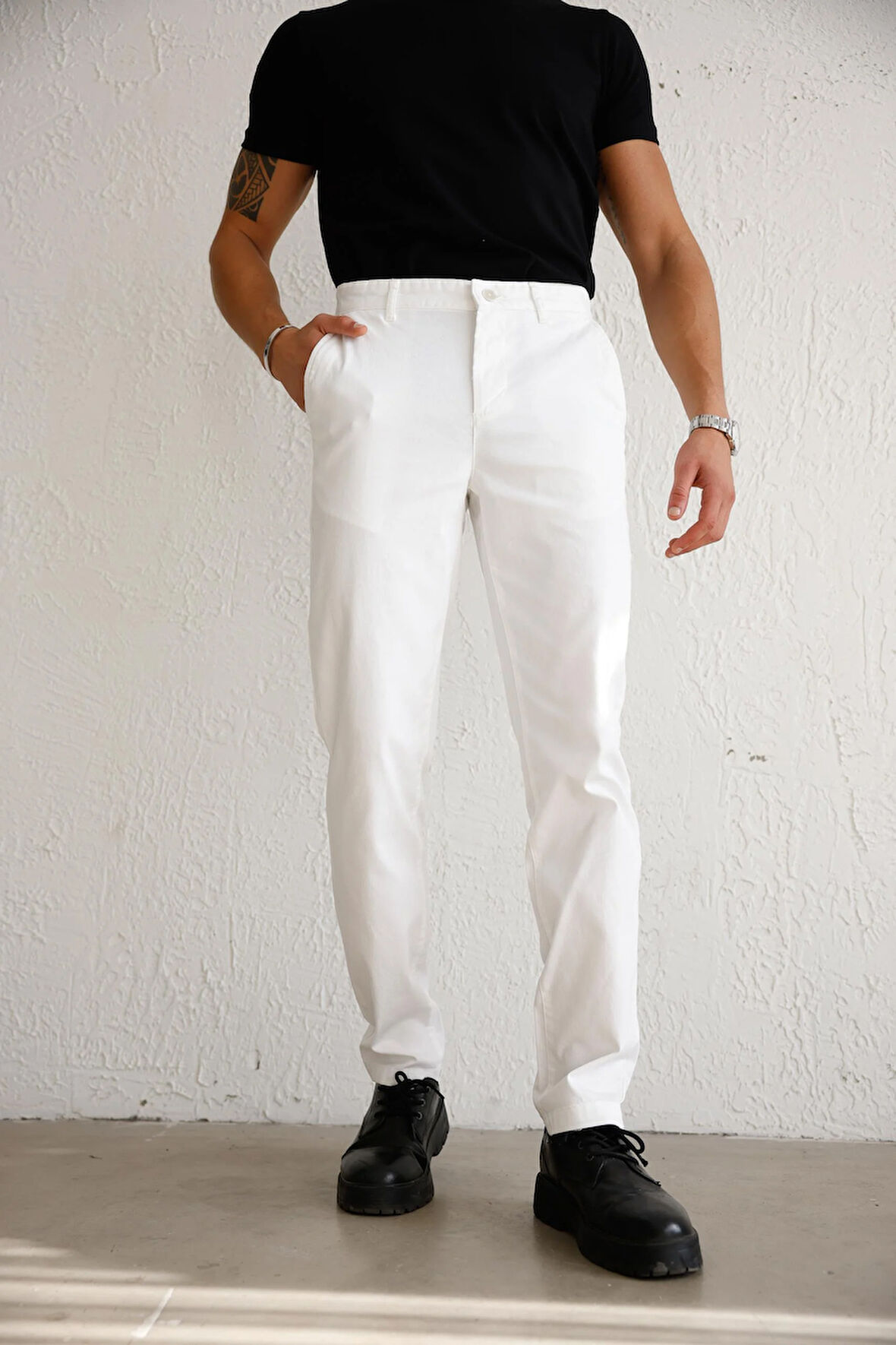 Erkek Armürlü Slim Fit Beyaz Pantolon