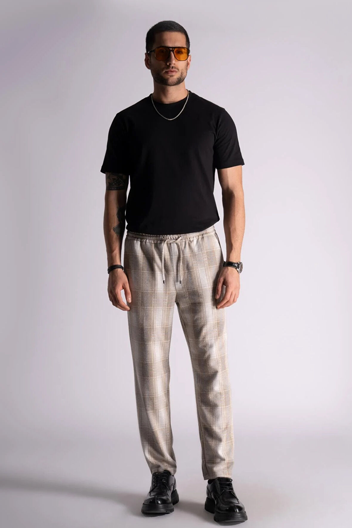 Slim Fit Jogger Bel Pantolon  Ekose Bej