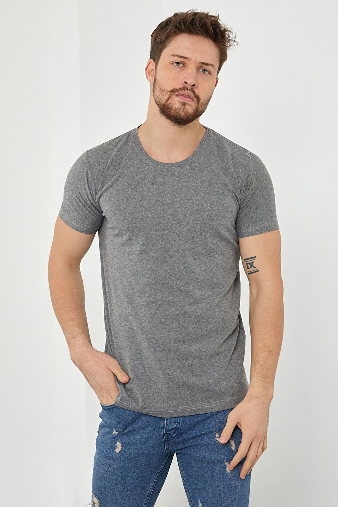 Erkek Sarı Düz Slim Fit Likralı T-shirt