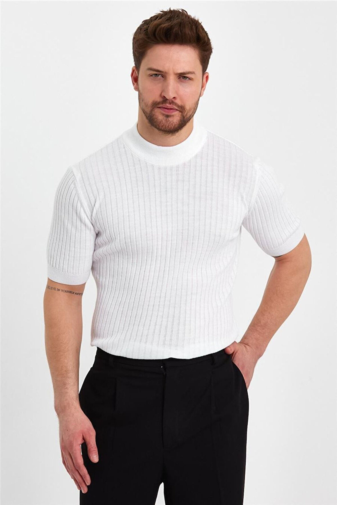  Erkek Yarım Balıkçı Çizgili Triko T-shirt