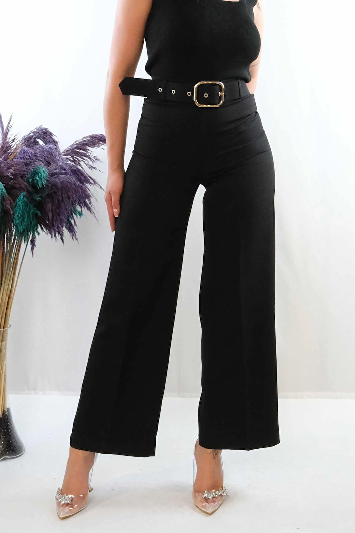 Moda Çizgi Kemerli Pantolon Siyah