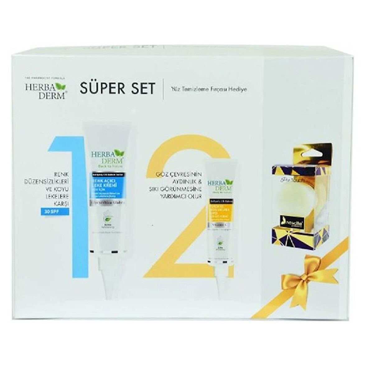 Herbaderm Süper Set - Renk Açıcı Leke Kremi 55 ml + Göz Altı Kremi 15 ml + Yüz Temizleme Fırçası Hediye