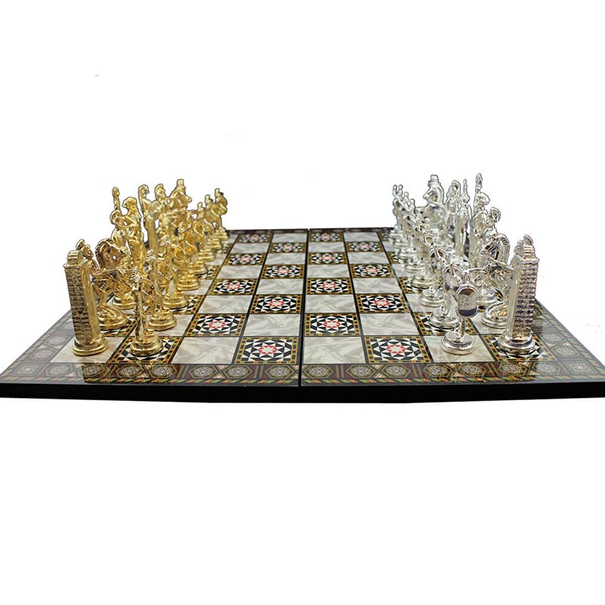 Büyük Boy Metal Yunan Satranç Takımı Parlak ve Katlanır Sedef Desenli MDF Ahşap Satranç Tahtası (43x43 cm.)
