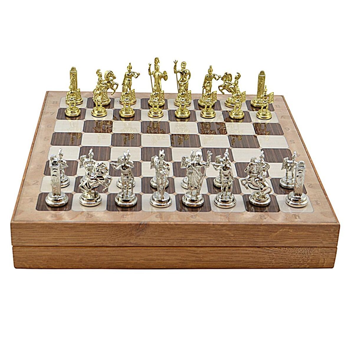 GiftHome Orta Boy Metal Yunan Satranç Takımı Parlak ve Rustik Desenli Sandıklı MDF Tahtası (36x36x6 cm.)