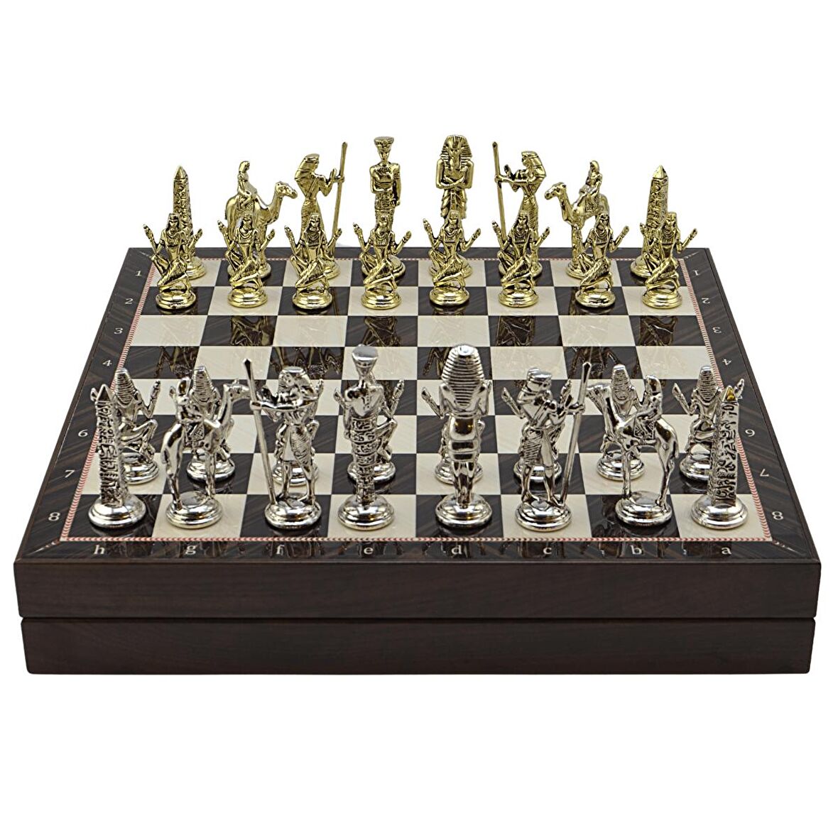 GiftHome Metal MISIR Satranç Takımı Parlak ve Ceviz Desenli MDF Sandıklı Satranç Tahtası (36X36X6 cm.)