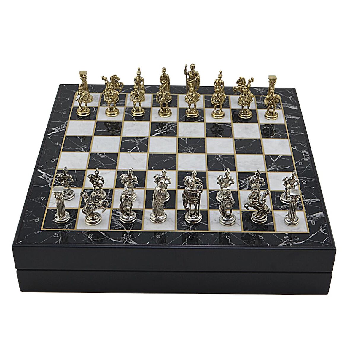 GiftHome Orta Boy Metal ROMA İMPARATORLUĞU Satranç Tk. Parlak ve Mermer Desenli Sandıklı MDF Tahtası(36X36X6 cm.) 