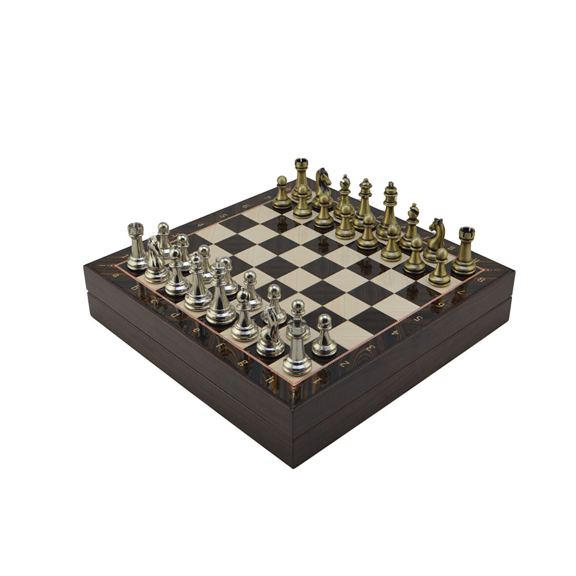 GiftHome Orta Boy Parlak Metal Klasik Satranç Takımı ve Ceviz Desenli Sandıklı MDF Tahtası (30X30X6 cm.)