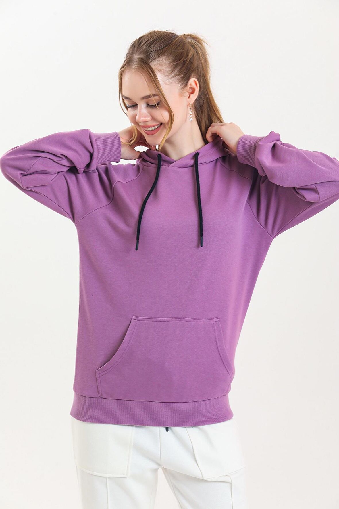 Pembe Kapüşonlu Kanguru Cepli Basic Sweatshirt