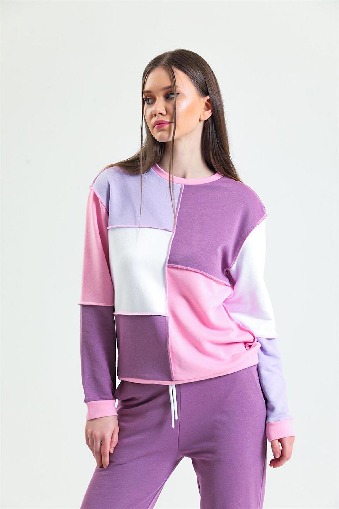 Pembe Basic Parçalı Patchwork Sweatshirt