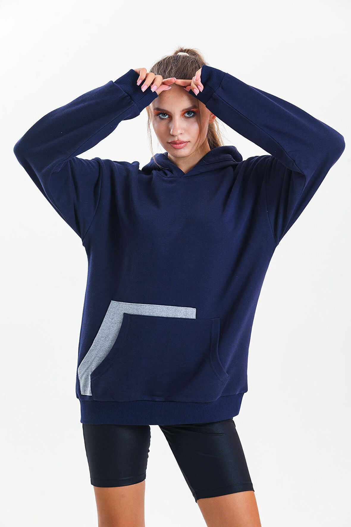 Lacivert Kapüşonlu Çift Kanguru Cepli Oversize Sweatshirt