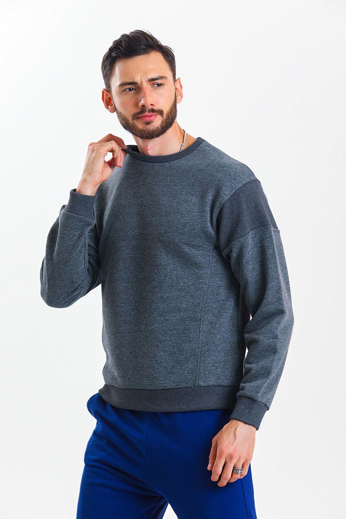 Antrasit Melanj Parçalı Sweatshirt