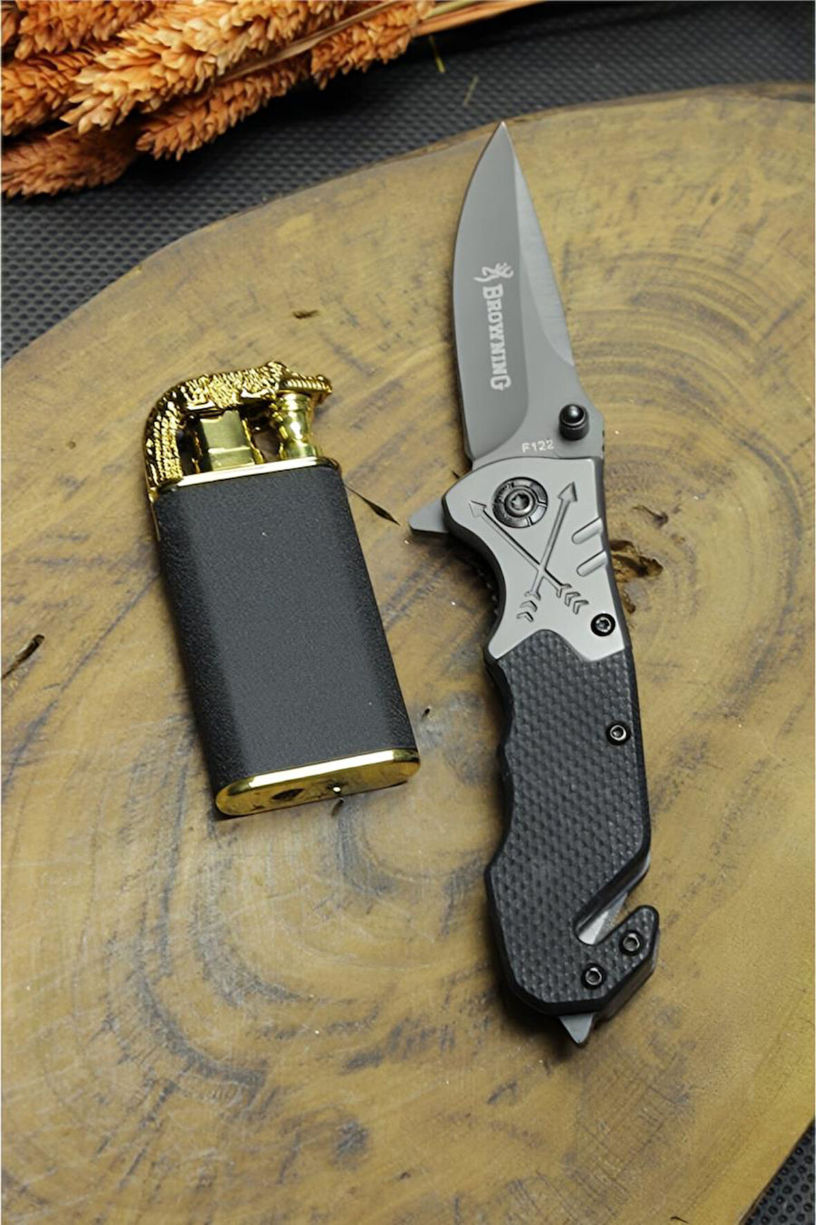 Alsepeteavm 16 cm Siyah Browning Kurtarma Çakısı ve Ejderha Çakmak
