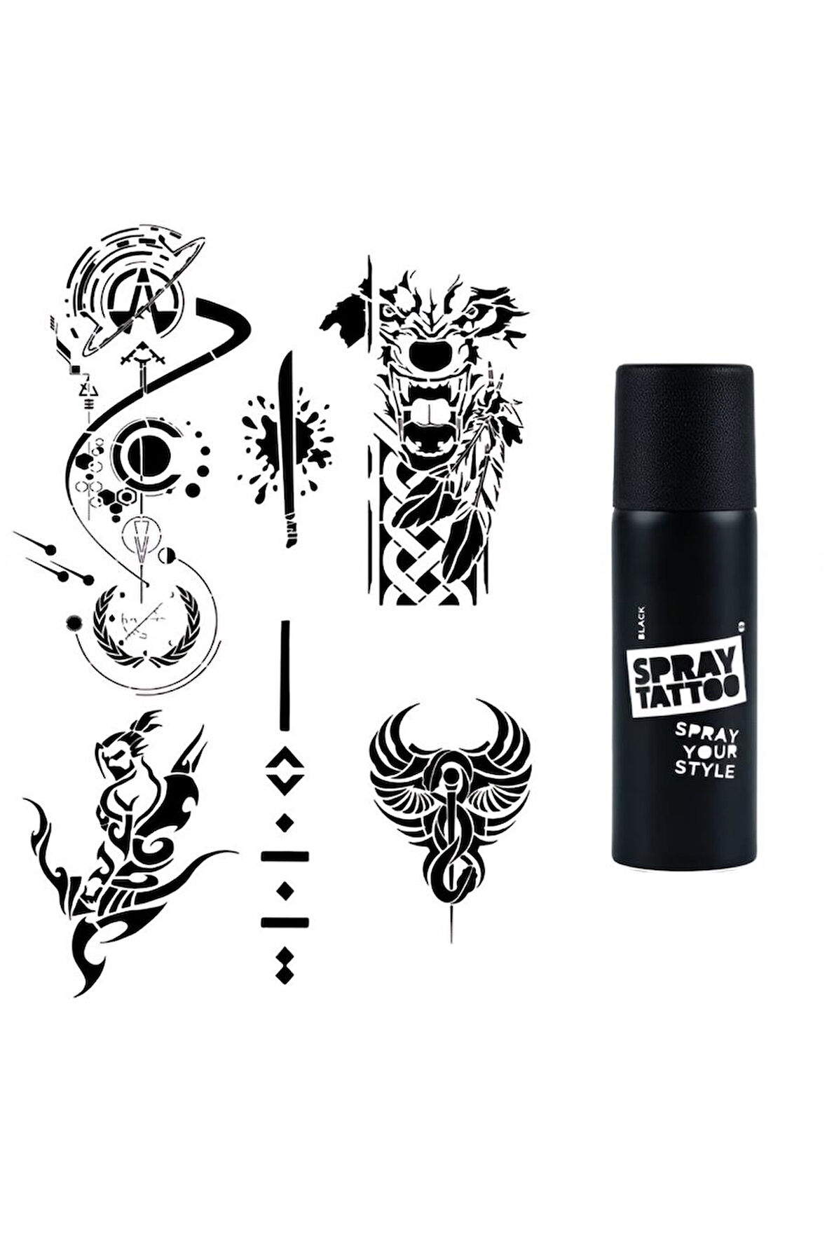 Alsepeteavm Fantastik Karizmatik Sprey Dövme Geçici Dövme Seti Dark Siyah