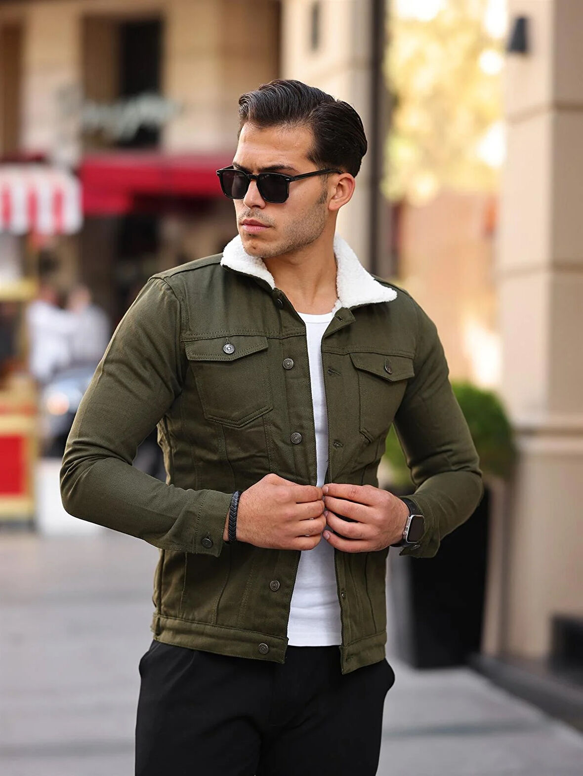 Yeşil Renk İçi Kürklü Kot Mont