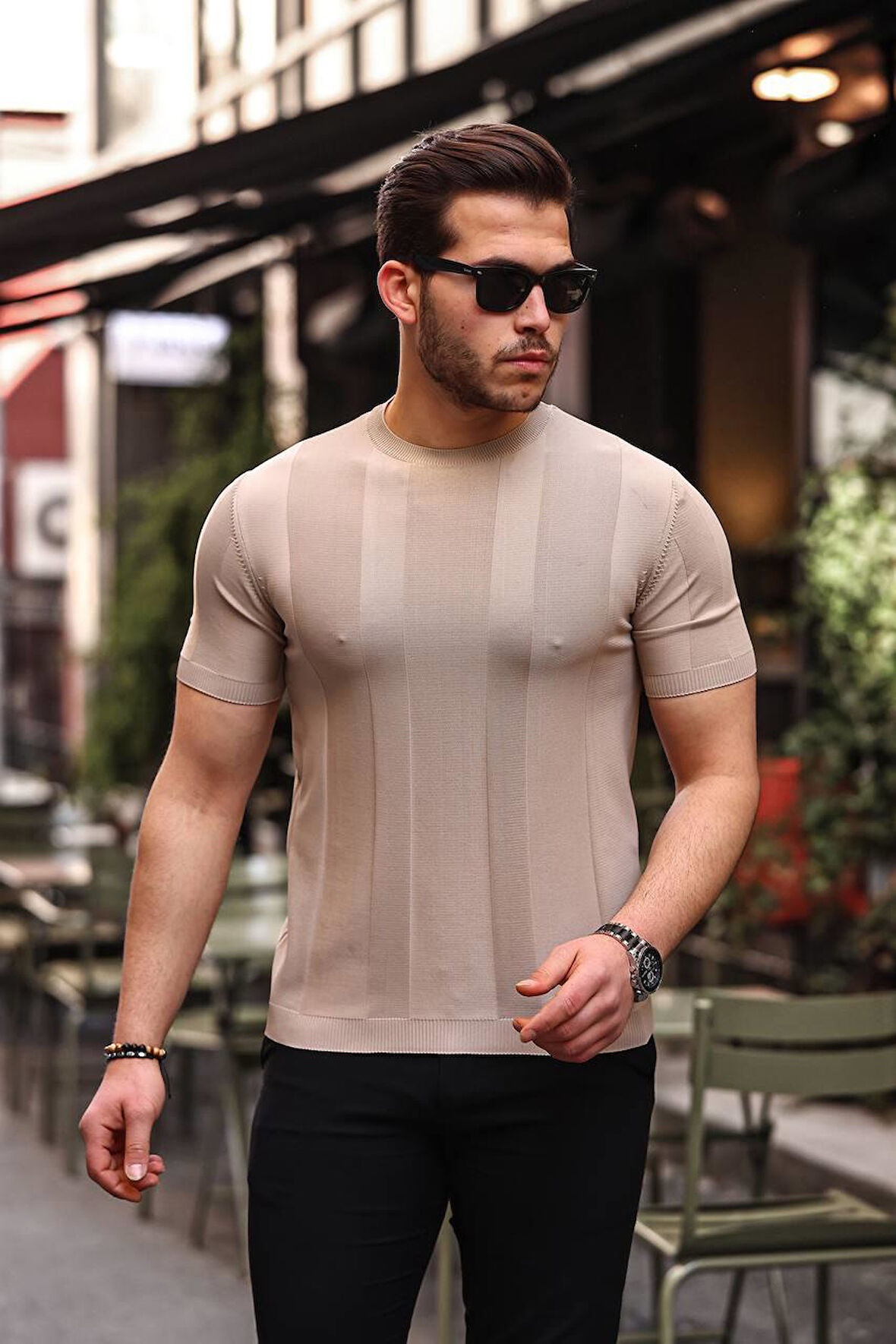 Vizon Renk Kısa Kol Erkek Triko Tişört