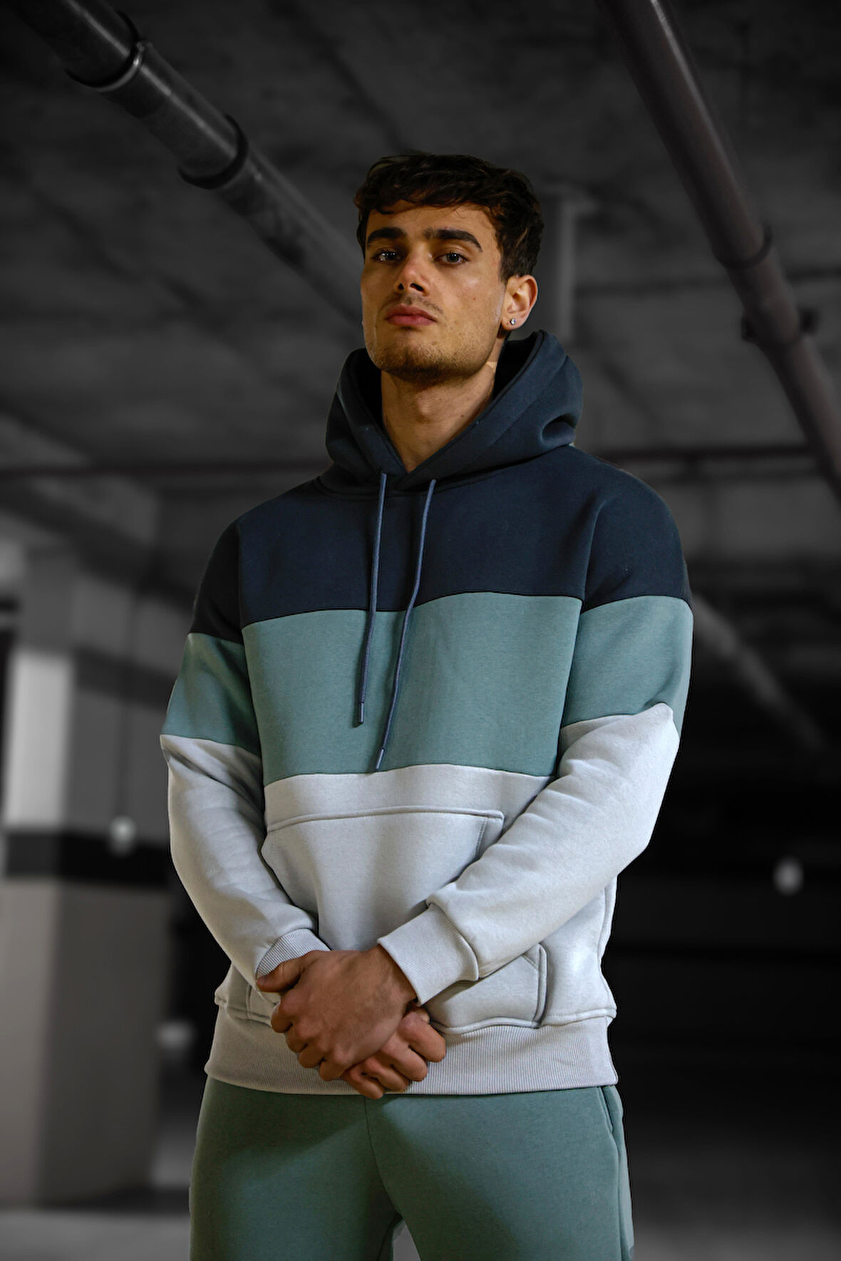 Oversize Su Yeşili Renk Füme Şeritli  Kapüşonlu Eşofman Takımı