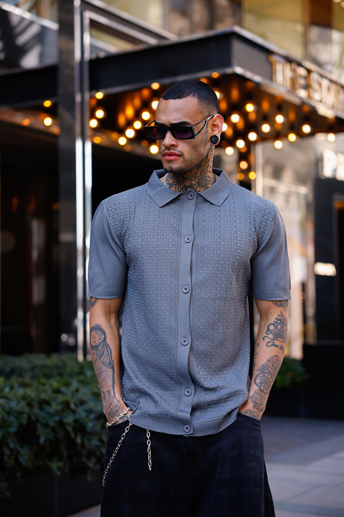 Antrasit Renk Detaylı Kısa Kol Triko Gömlek