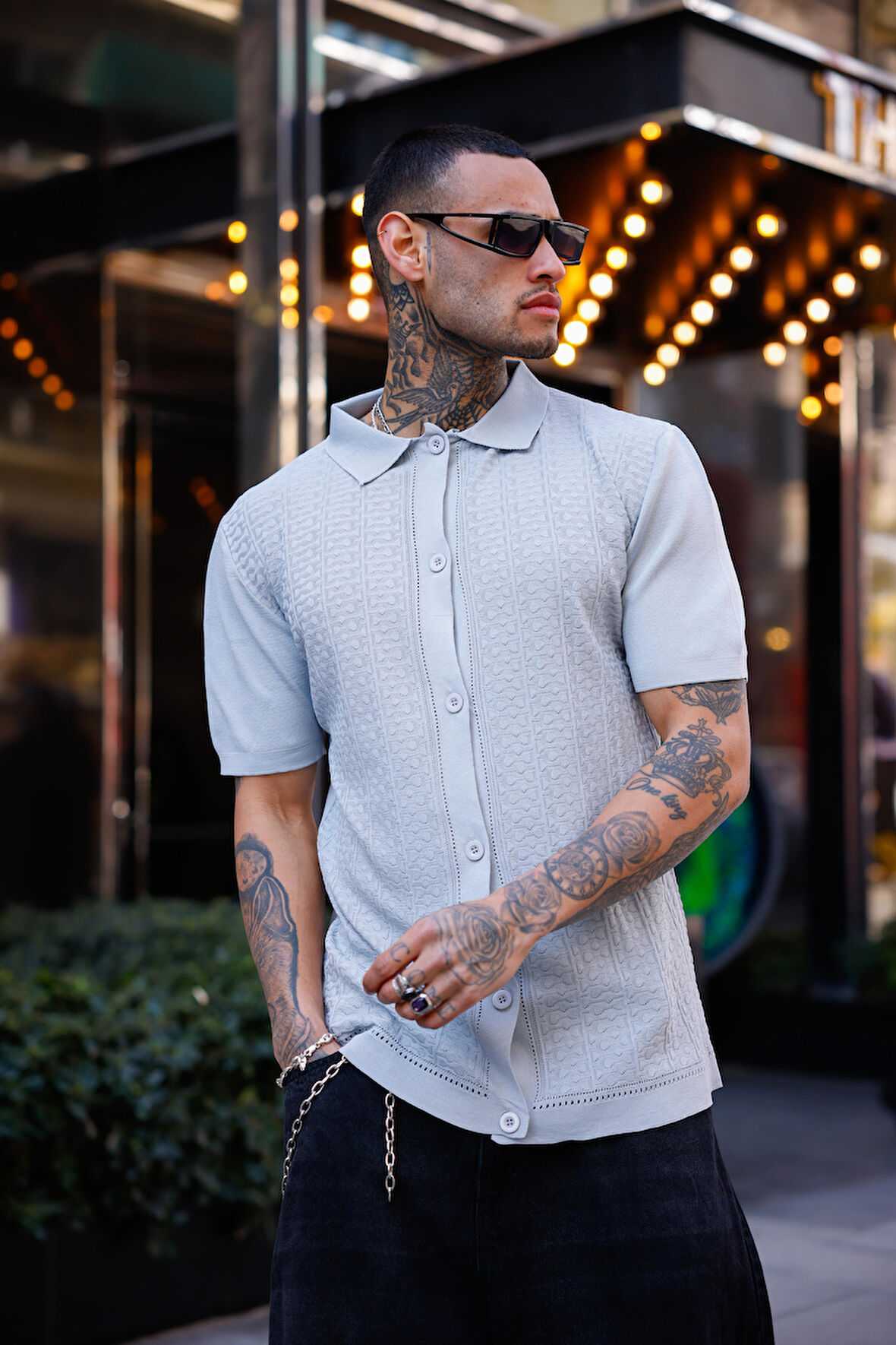 Gri Renk Detaylı Kısa Kol Triko Gömlek