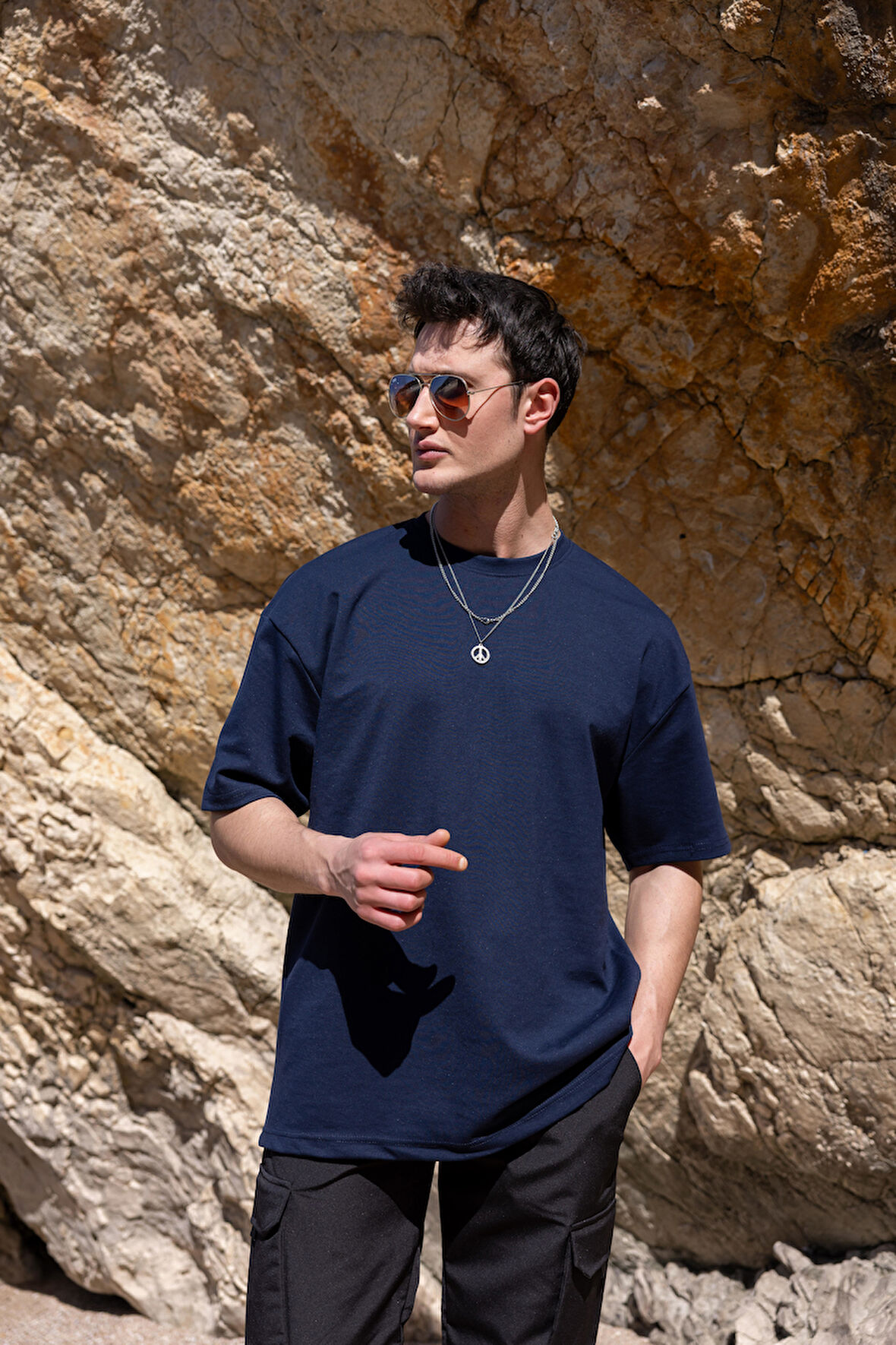 Erkek Lacivert Renk Oversize Baskısız Basic Tişört