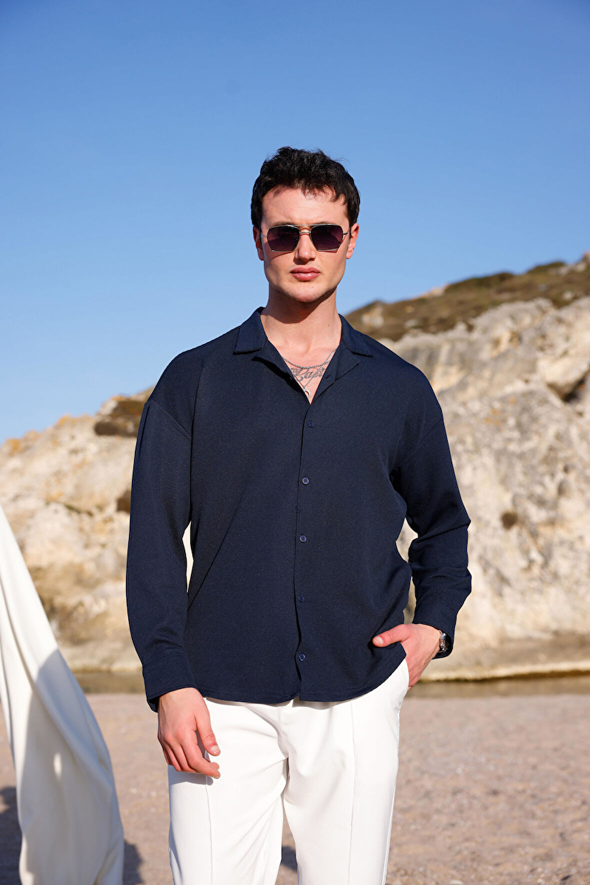 Erkek Lacivert Renk Örme Ottoman Kumaş Uzun Kol Gömlek