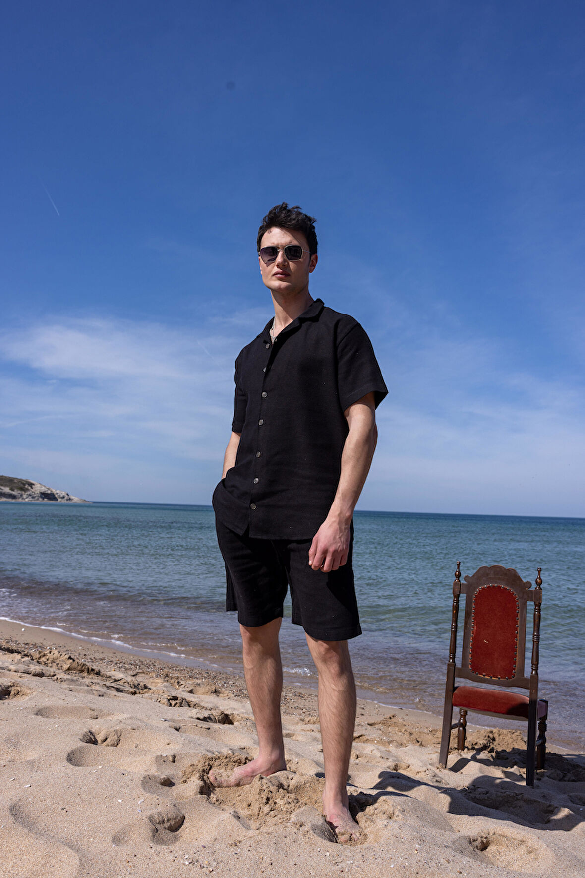 Siyah Renk Gömlek Şort  Erkek Keten Takım