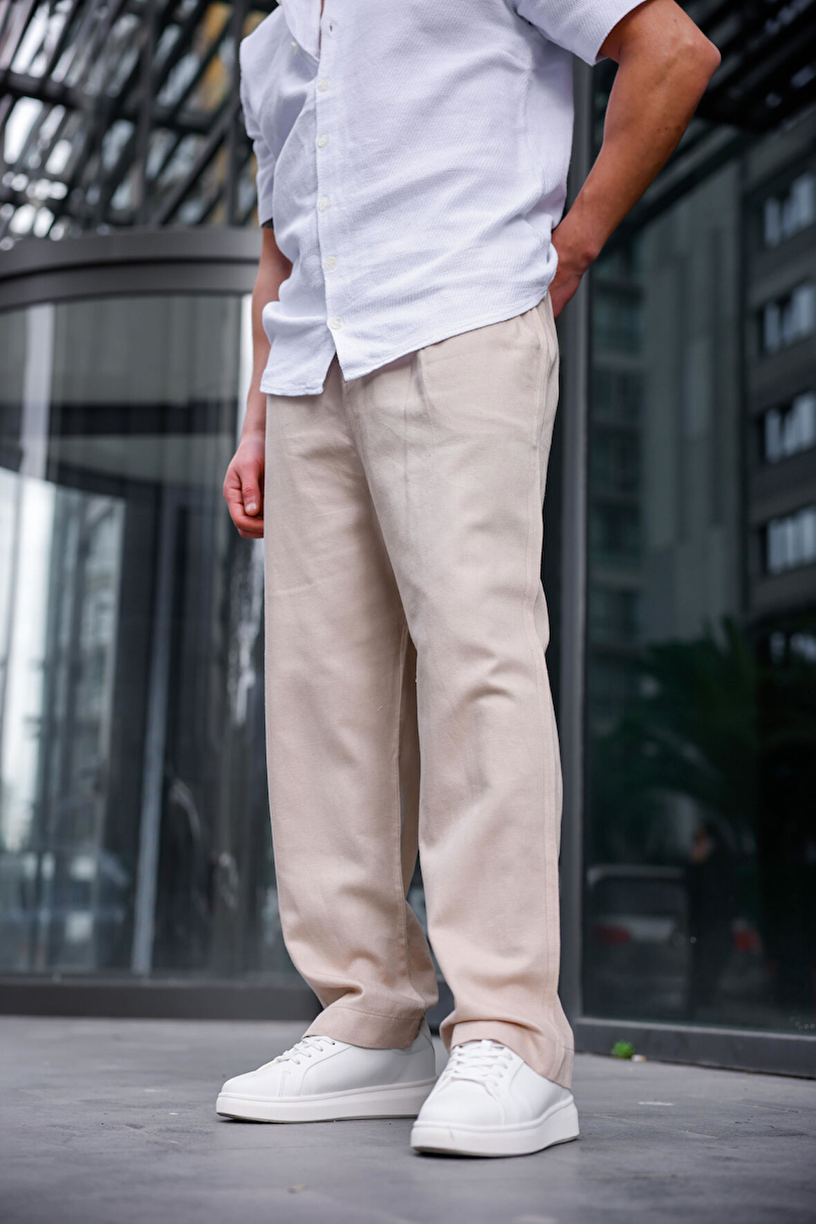 Keten Baggy Bej Renk Erkek Pantolon
