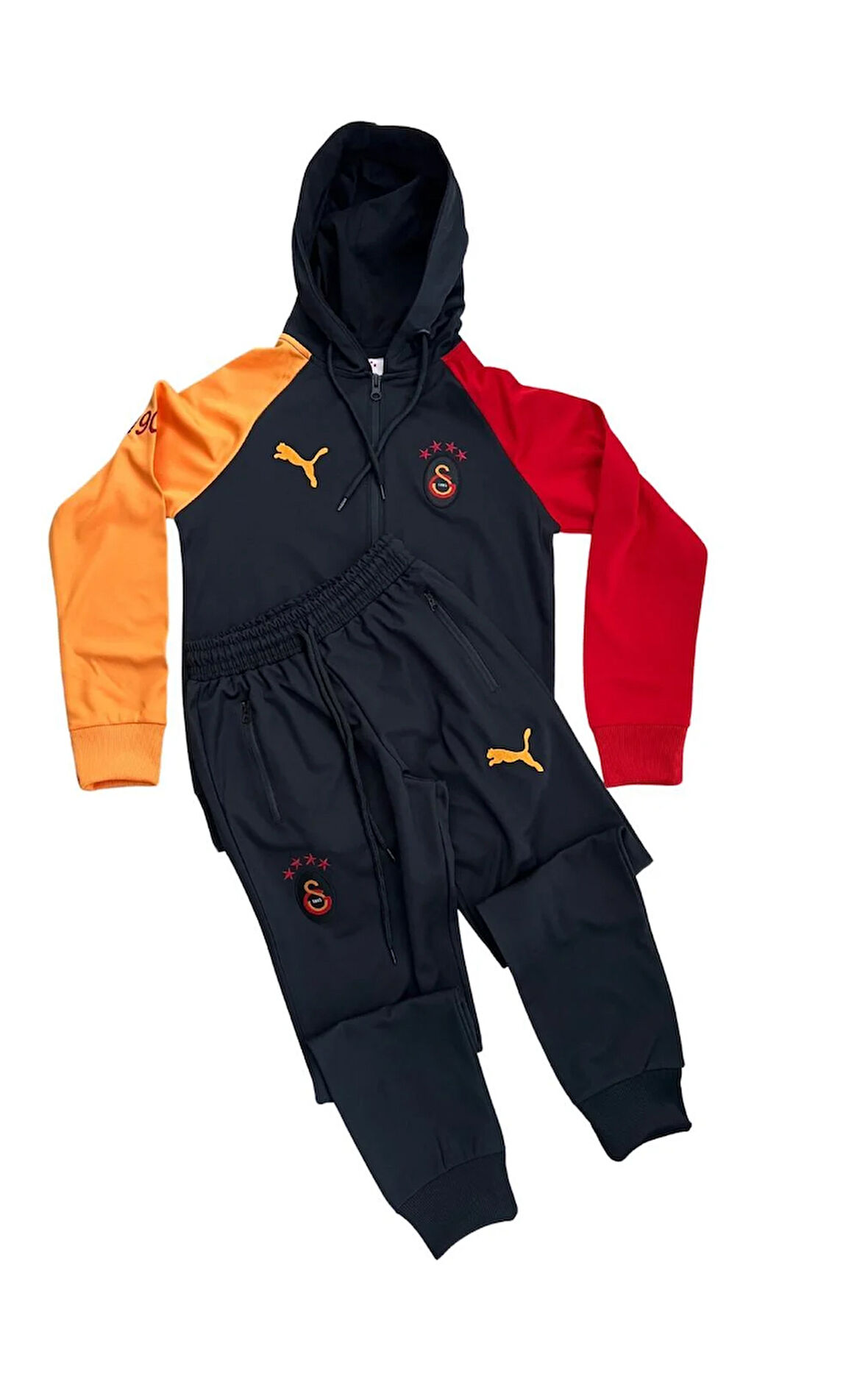 Kısmet Sepeti Siyah Kapüşonlu Rüzgar Geçirmez Kumaş İçi İnce Pamuk Kaplı Sarı Kırmızı Nakış İşlemeli Çocuk Eşofman Takımı