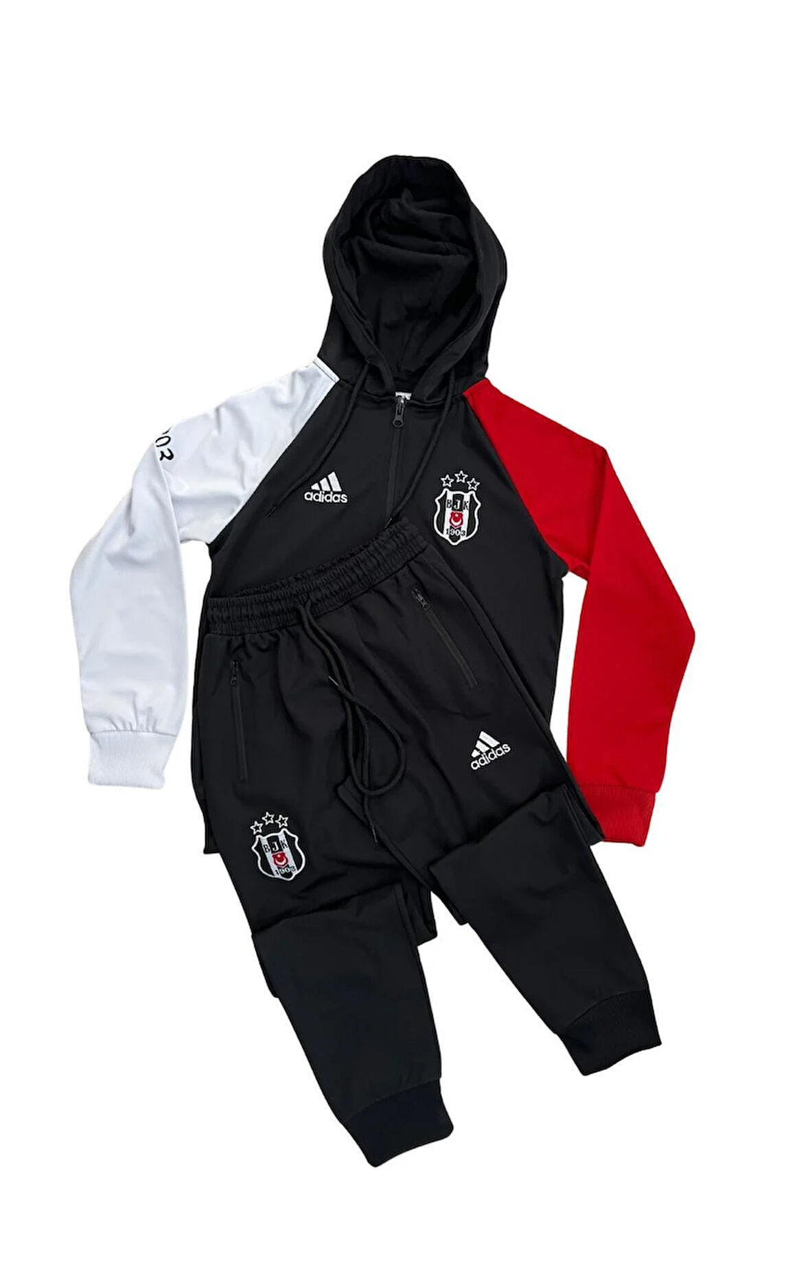 Kısmet Sepeti Siyah Kapüşonlu Rüzgar Geçirmez Kumaş İçi İnce Pamuk Kaplı Siyah Beyaz Nakış İşlemeli Çocuk Eşofman Takımı