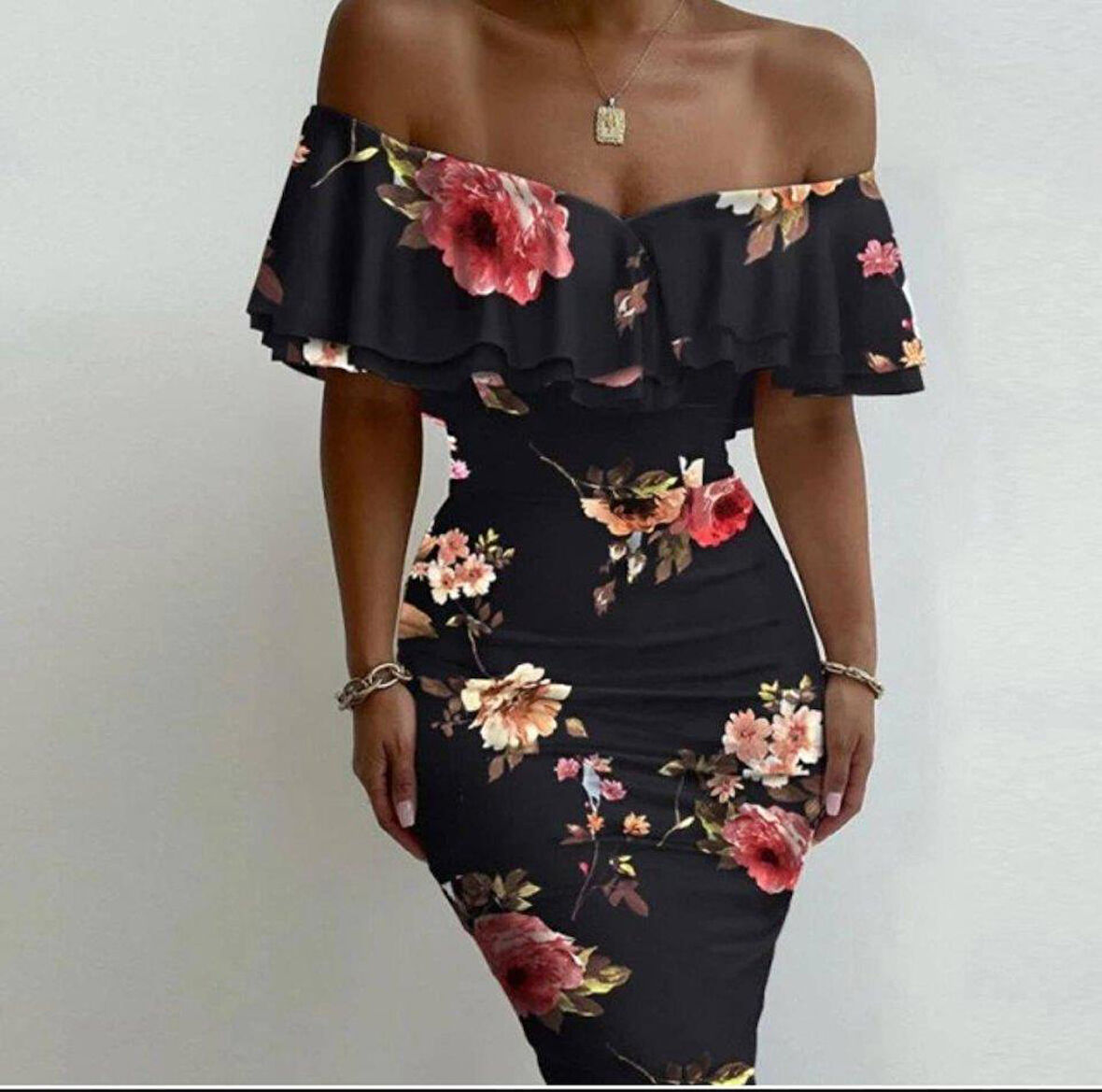 Kadın Madonna Yaka çiçek Baskılı Volan Detay Kalem Elbise