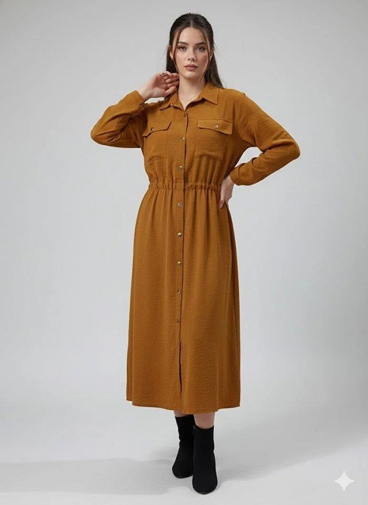 Kadın Uzun Kollu Beli Lastik Ve Düğme Detay Gömlek Elbise